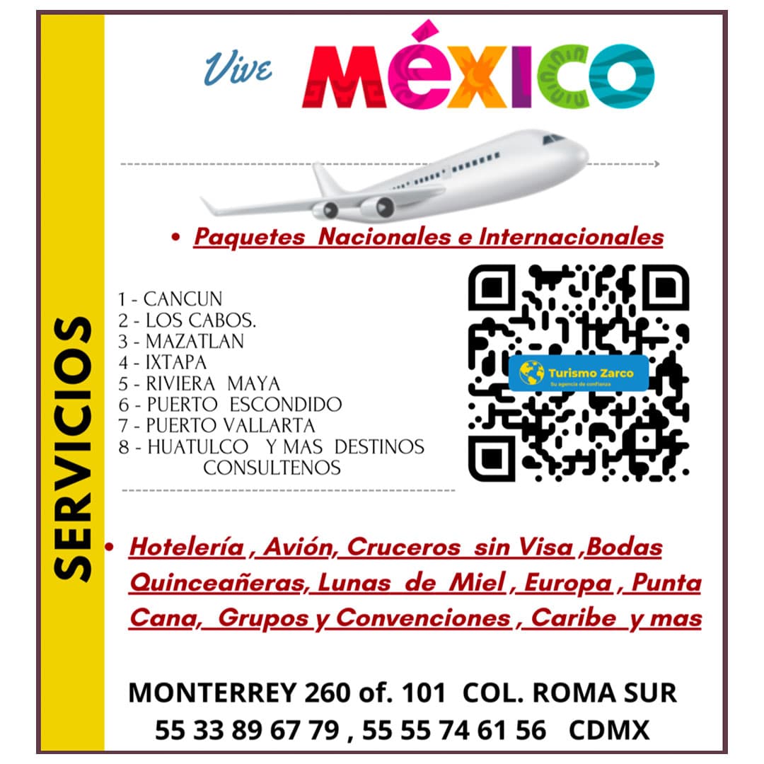 Promoción de Turismo Zarco con paquetes turísticos a Cancún, Acapulco, Tulum y Riviera Maya. Incluye vuelos redondos, traslados, hospedaje en hoteles todo incluido, precios especiales para grupos y familias, opciones nacionales e internacionales.