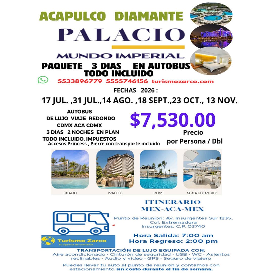 Promoción de Turismo Zarco con paquetes turísticos a Cancún, Acapulco, Tulum y Riviera Maya. Incluye vuelos redondos, traslados, hospedaje en hoteles todo incluido, precios especiales para grupos y familias, opciones nacionales e internacionales.