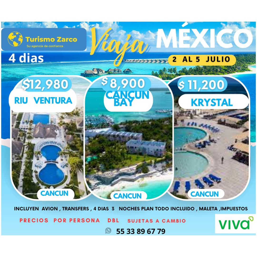 Promoción de Turismo Zarco con paquetes turísticos a Cancún, Acapulco, Tulum y Riviera Maya. Incluye vuelos redondos, traslados, hospedaje en hoteles todo incluido, precios especiales para grupos y familias, opciones nacionales e internacionales.
